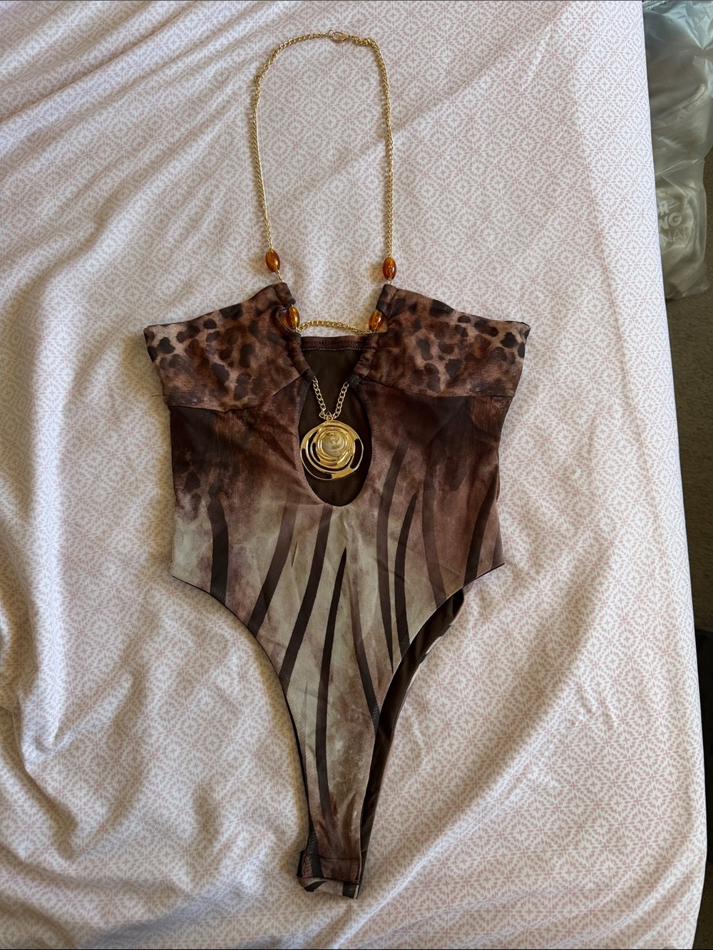 SHEIN Brown Animal Print One-Piece with Gold Chain Accent